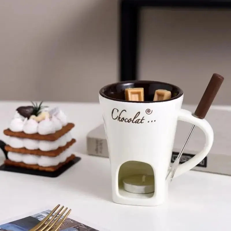Copo de vela europeu queijo chocolate derretendo caneca cerâmica aquecimento comida caneca cerâmica com garfo criativo caneca café utensílios de mesa