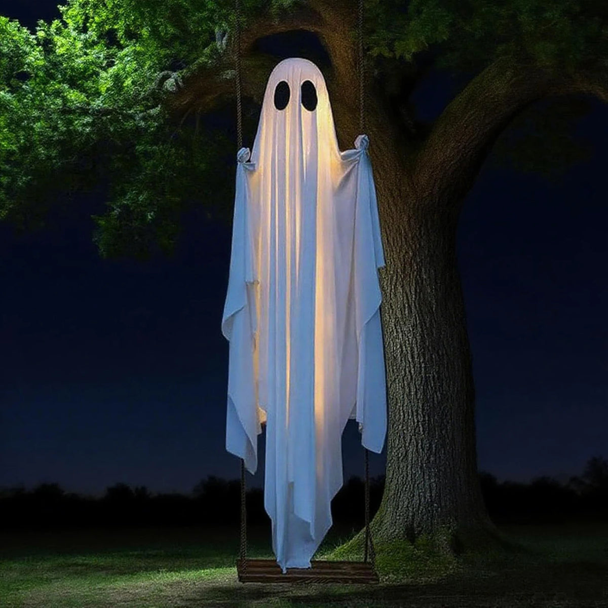 Decoração de halloween fantasma de balanço pendurado ao ar livre com luzes de corda ornamento fantasma assustador decoração fantasma bonito para árvores de varanda frontal
