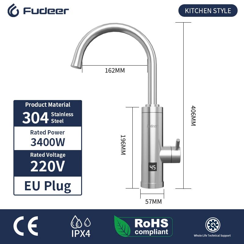 Fudeer 3400W 220V Cozinha Elétrica Aquecedor de Água Torneira Instantânea de Aço Inoxidável Torneira de Água Aquecedor Torneira de Aquecimento Frio - Kasa & Pet