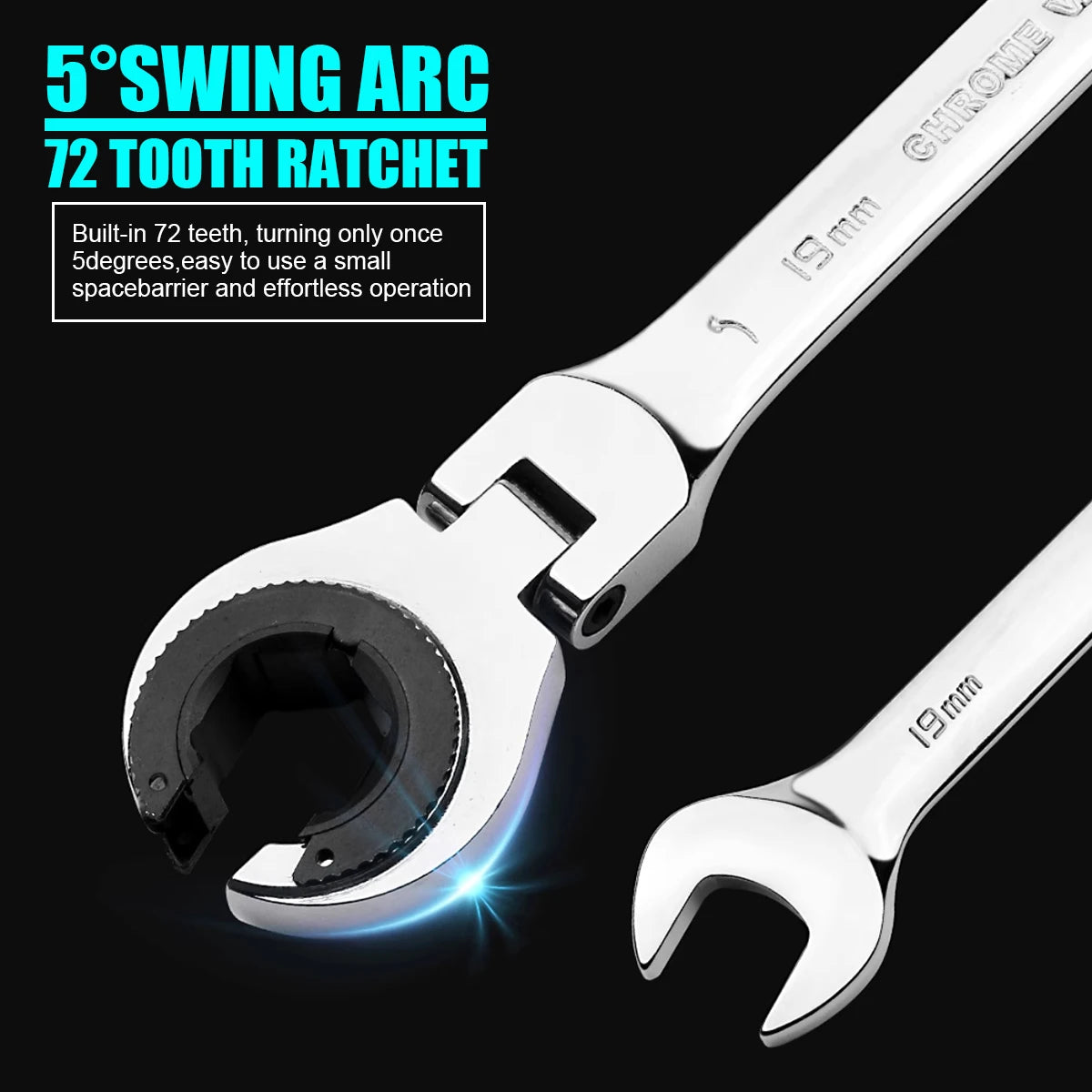 1 chave de catraca de cabeça flexível aberta dos pces, chave de catraca métrica com 72 dentes, chave de catraca de tubulação de aço cromo vanádio