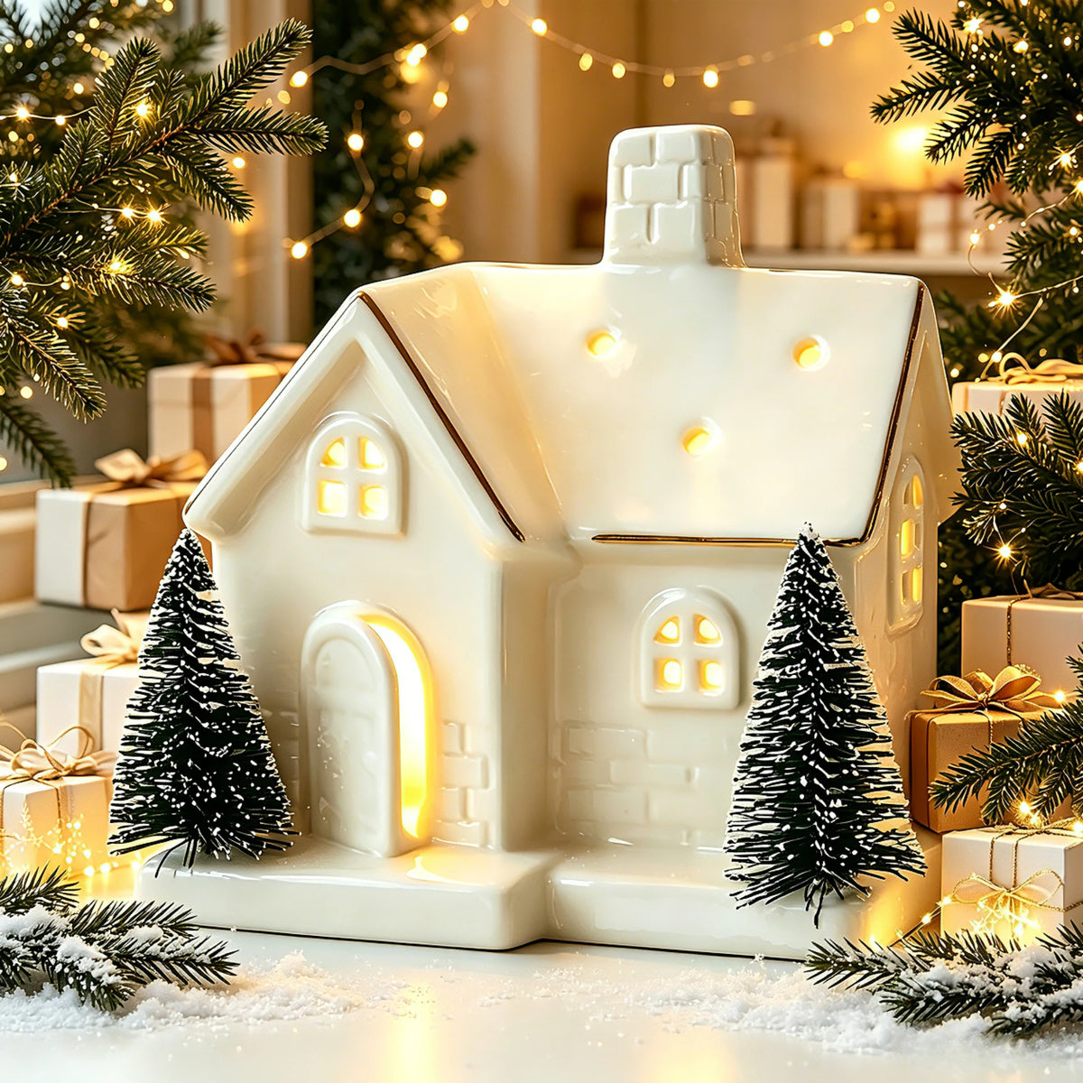 Enfeites de Cerâmica Criativos para Árvore de Natal: Casa de Neve Luminosa para Arranjo de Cenário e Pequenos Enfeites de Mesa