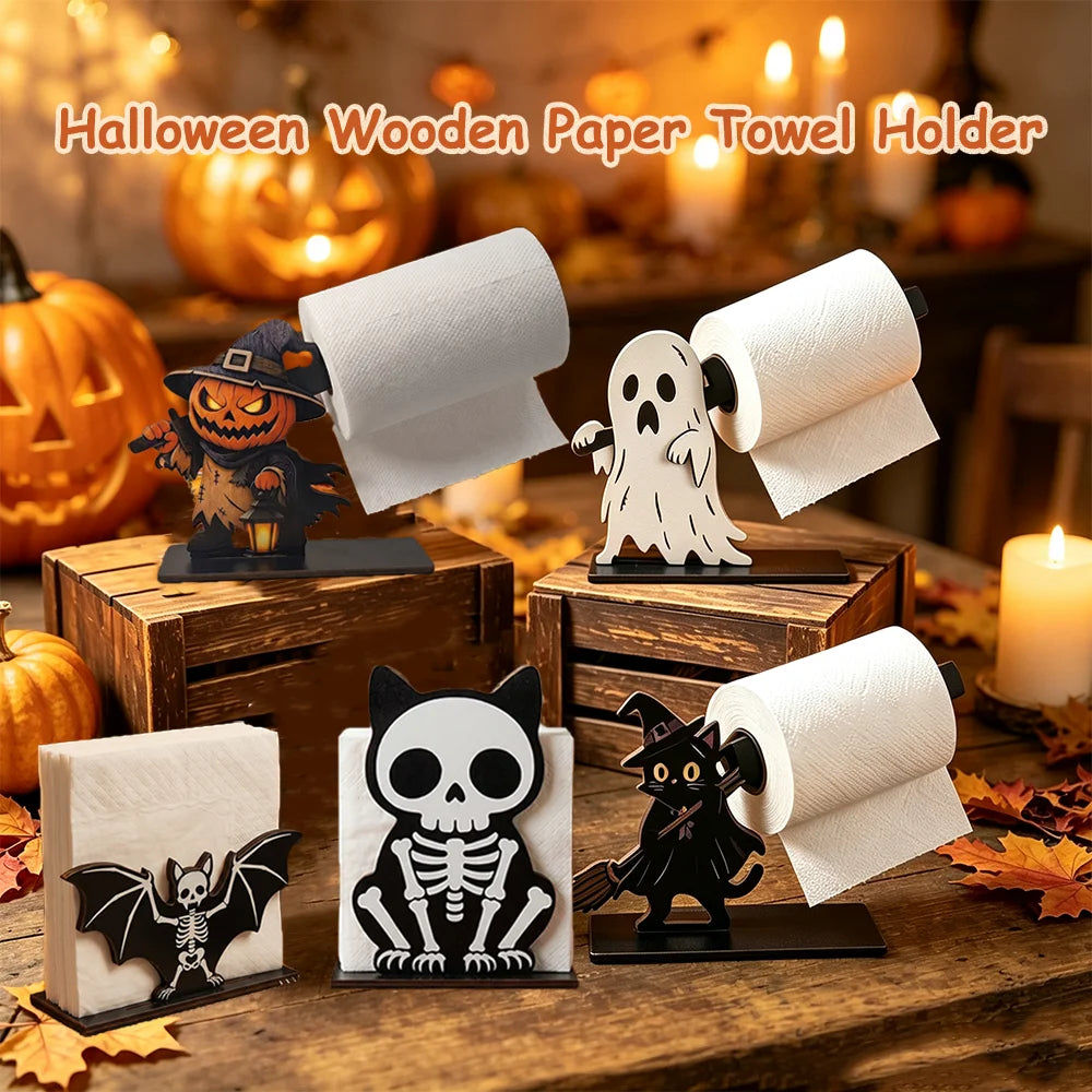 Suporte de Papel Toalha de Madeira para Halloween com Decoração de Esqueleto Assustador, Fantasma, Abóbora e Gato para Mesa de Cozinha e Banheiro