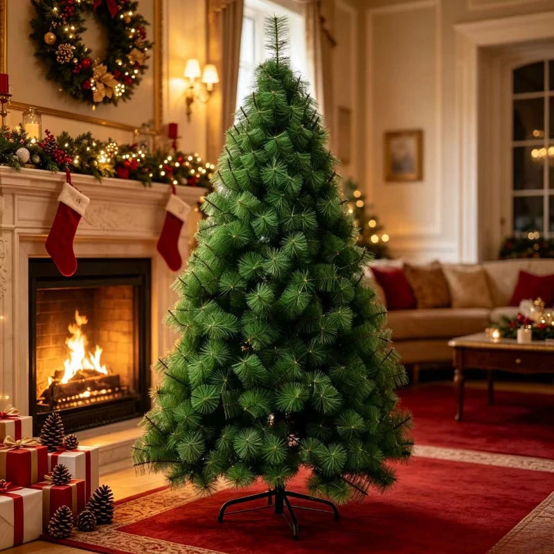Árvore de Natal artificial com agulhas de pinheiro, 1,2 a 2,1 metros, árvore de Natal verde realista com suporte de metal, para decoração de festas e eventos em casa.