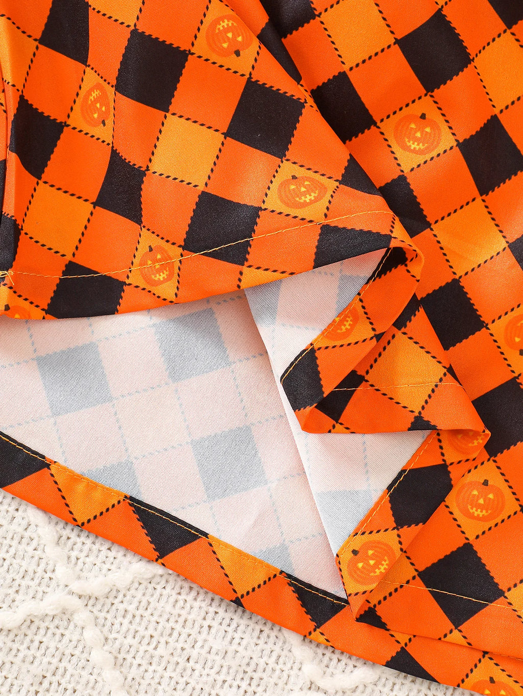 Vestido de festa de halloween para meninas, padrão de losango de abóbora, tecido canelado costurado, vestido de manga comprida adequado para meninas de 1 a 8 anos