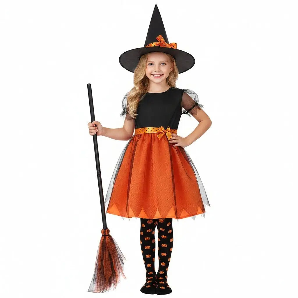 Fantasia de Halloween para Meninas 2026: Vestido de Abóbora e Bruxa com Chapéu para Carnaval e Festas - Roupa Infantil