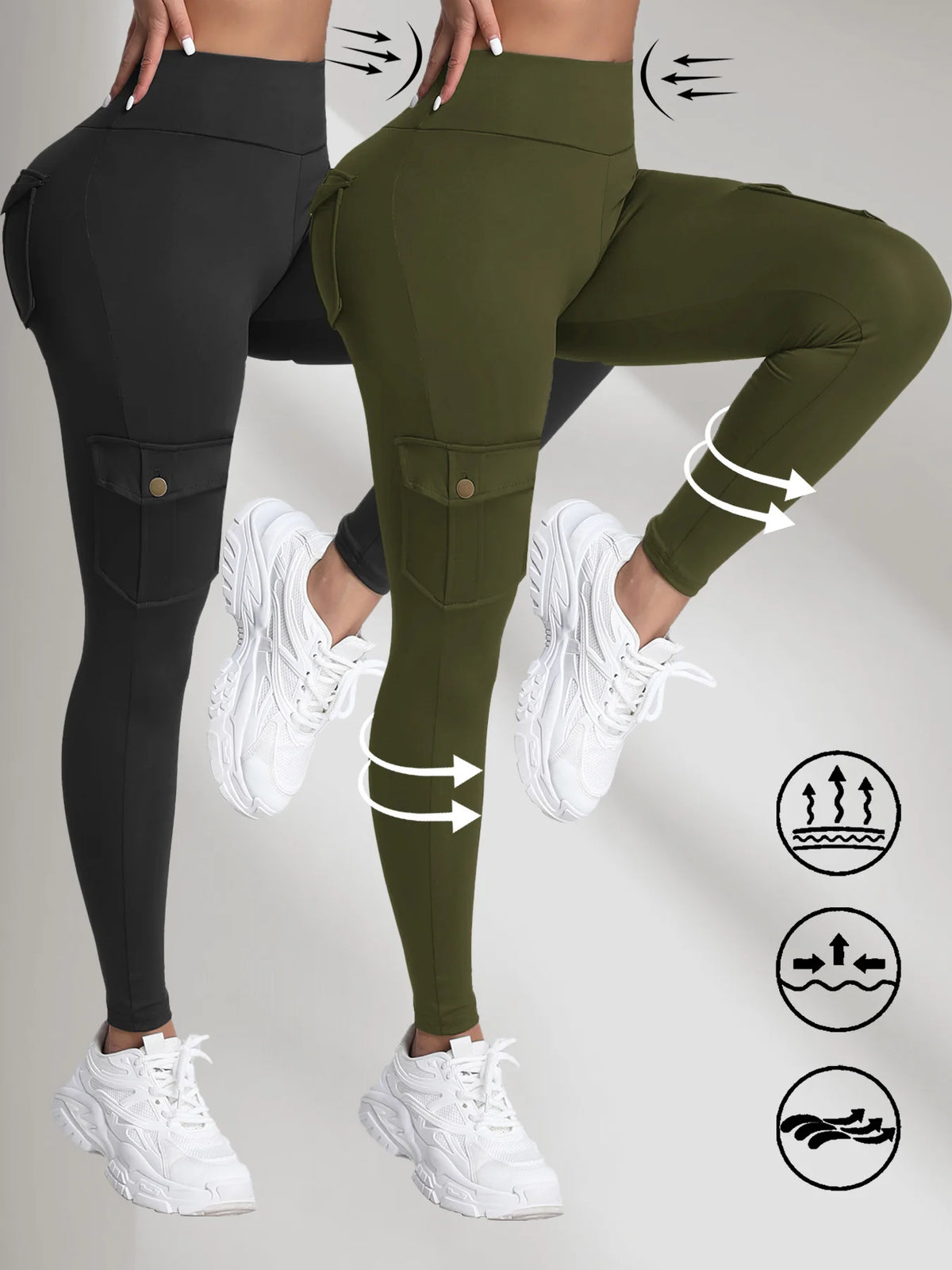 2PCS Women's High-Waisted Hip-Lift Leggings with Pockets, Skinny Stretch Solid Color Fitness Sports Pants for Daily Wear, Outdoors, and Running