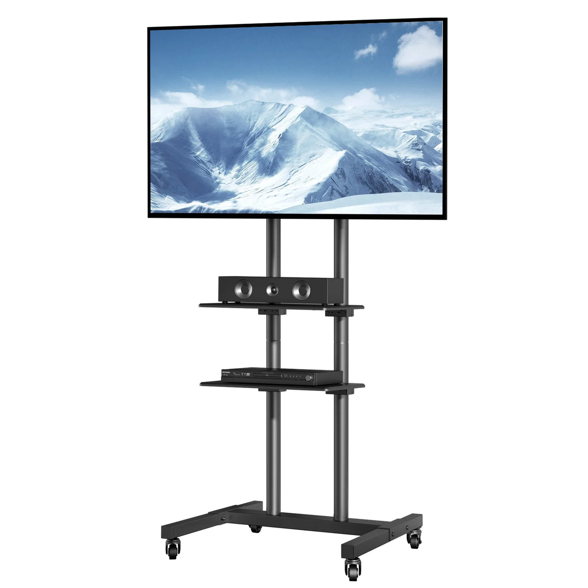 SucceBuy Suporte de TV móvel Suporte de TV com altura ajustável com rodas Bandeja dupla para dispositivos audiovisuais Suporte de TV rolante para quarto