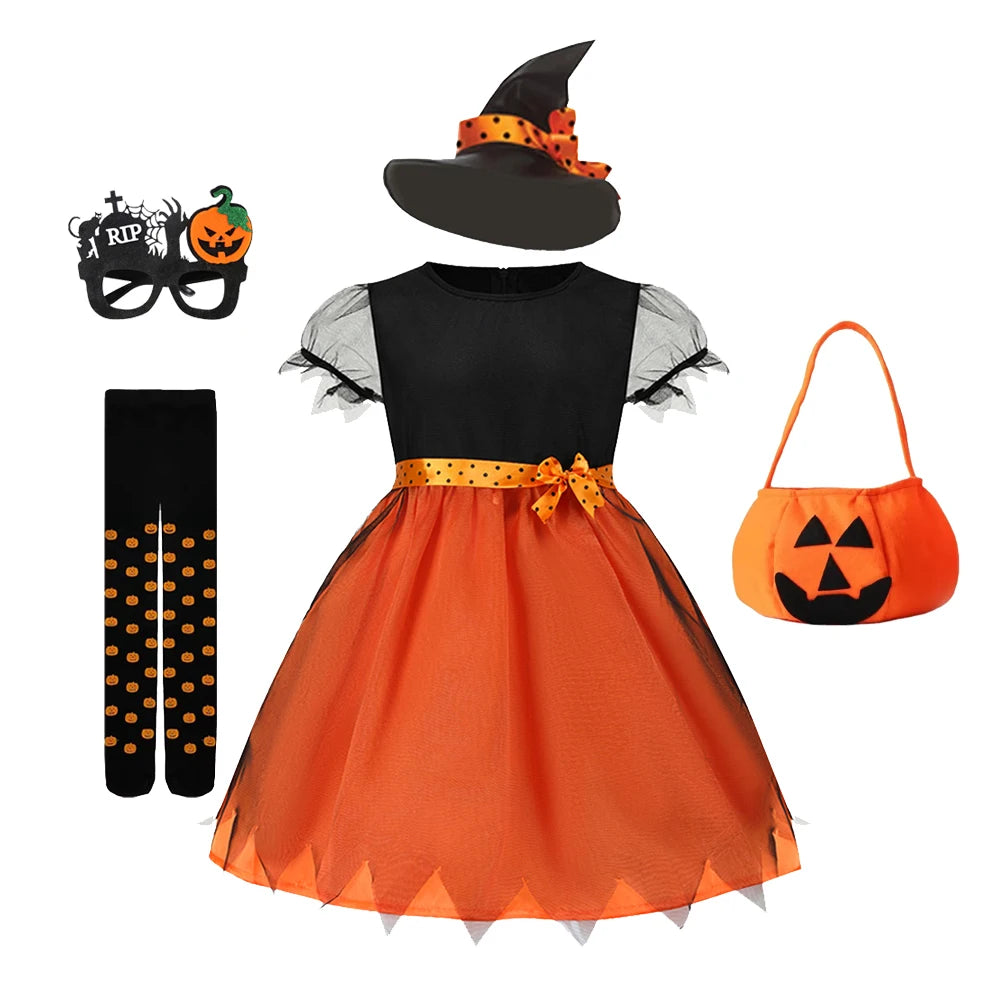 Fantasia de Halloween para Meninas 2026: Vestido de Abóbora e Bruxa com Chapéu para Carnaval e Festas - Roupa Infantil