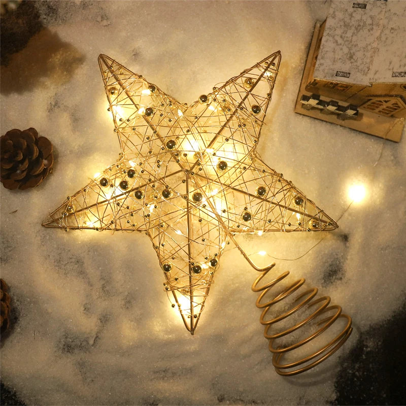 Estrela de Natal para Árvore com Luzes de Fio de Pérola Dourada e Prateada, Decoração de Árvore de Natal, Decoração de Casa para o Ano Novo, Enfeites de Natal.