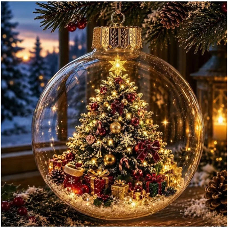 Nova Bola de Enfeite de Natal Transparente com Luzes, Decoração para Cenário Natalino, Brinquedo para Pendurar na Árvore de Natal, Diorama de Inverno, Enfeite para Janela de Natal