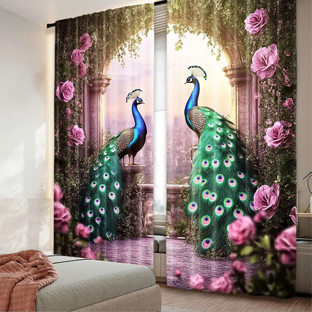 2 pçs retro pavão impresso cortinas para sala de estudo cozinha sala estar dormitório quarto decoração casa a