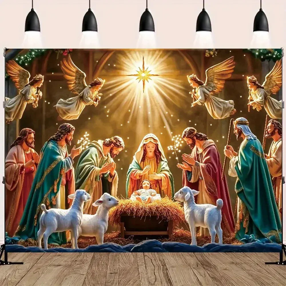 Tapeçaria de Presépio Noite Estrelada, Decoração de Parede Religiosa Tradicional para Natal e Aniversário