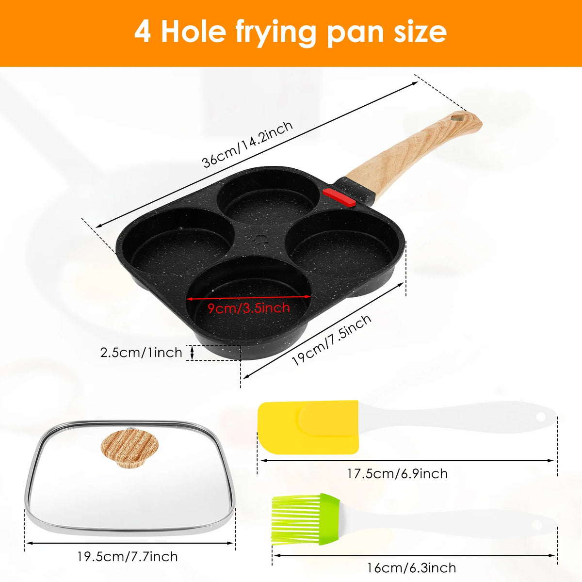 Frigideira de ovo antiderrapante, 4 copos, frigideira de omelete com escova de óleo e tampa, frigideira de panqueca para fogão a gás, panelas de indução