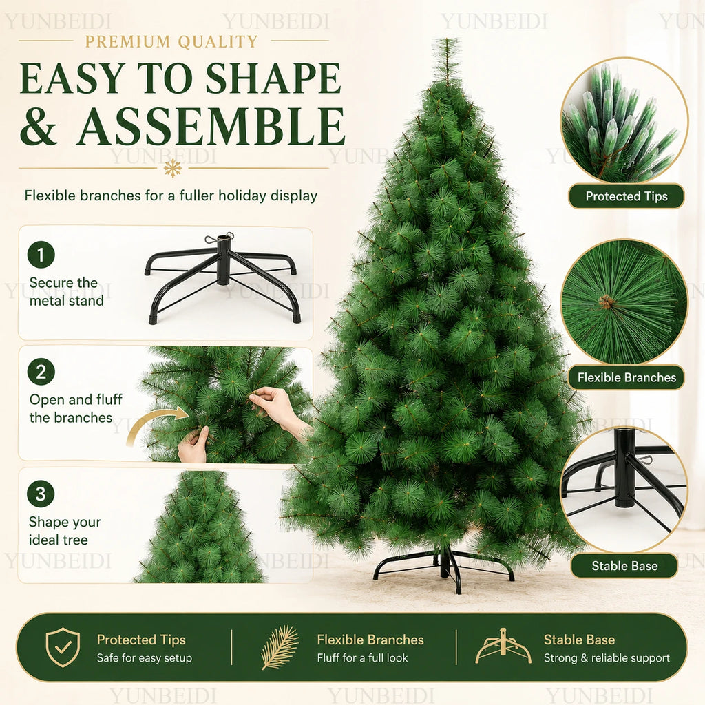 Árvore de Natal Artificial com Agulhas de Pinheiro PET e Luzes LED, de 90cm a 240cm, Grande Decoração de Natal para Casa