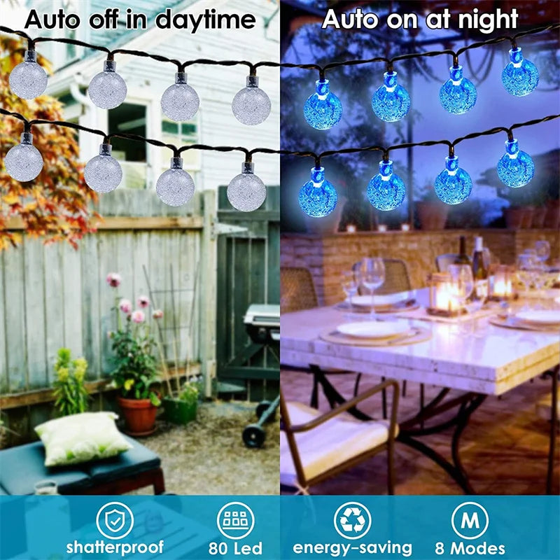 Impermeável Solar String Lights, 200 LED, Crystal Globe, Festão, Fada Luz, Jardim, Natal, Decoração ao ar livre