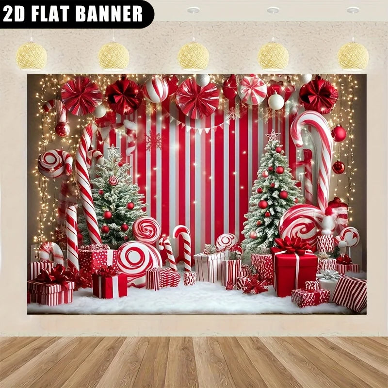 Fundo natalino, com elementos como bengalas de doces e casas de gengibre, decorações de festa e decorações de Natal.