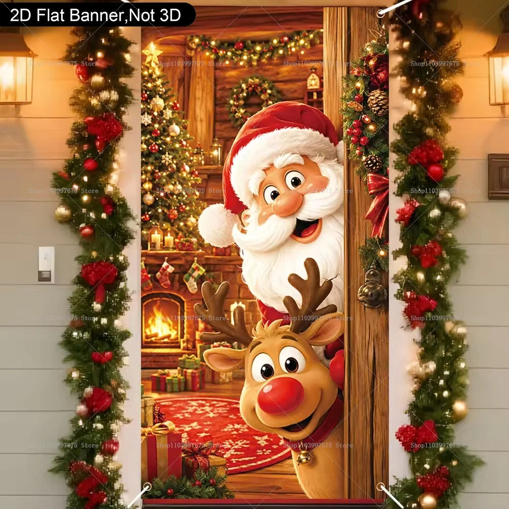 Capa de Porta de Natal com Design de Papai Noel, Rena, Árvore de Natal e Boneco de Neve, Banner Fotográfico, Decorações de Férias de Inverno, Capa de Porta Feliz Natal