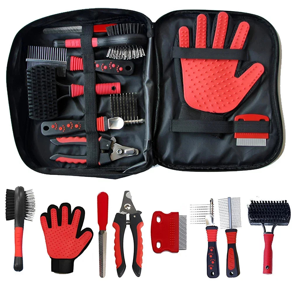 Pet Conjunto De Limpeza De Cerdas, Cães e Gatos Slicker Brush, Nail Clipper File, Depilação, Luvas, Flea Combs