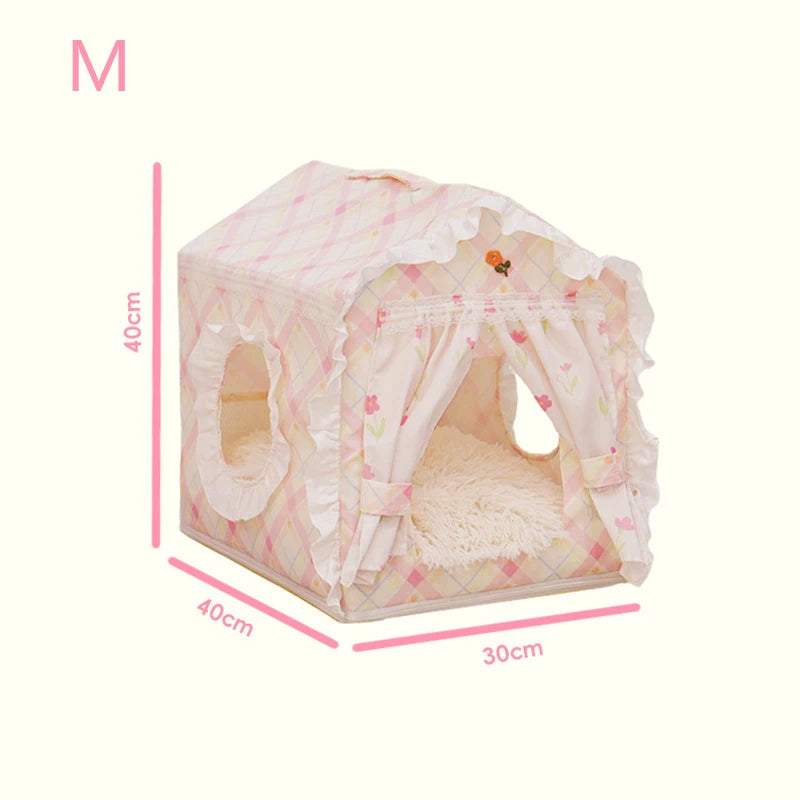 Casa para Gatos Floral Fofa com Tenda, Cama Semi-Fechada Removível e Lavável para Gatos/Cães