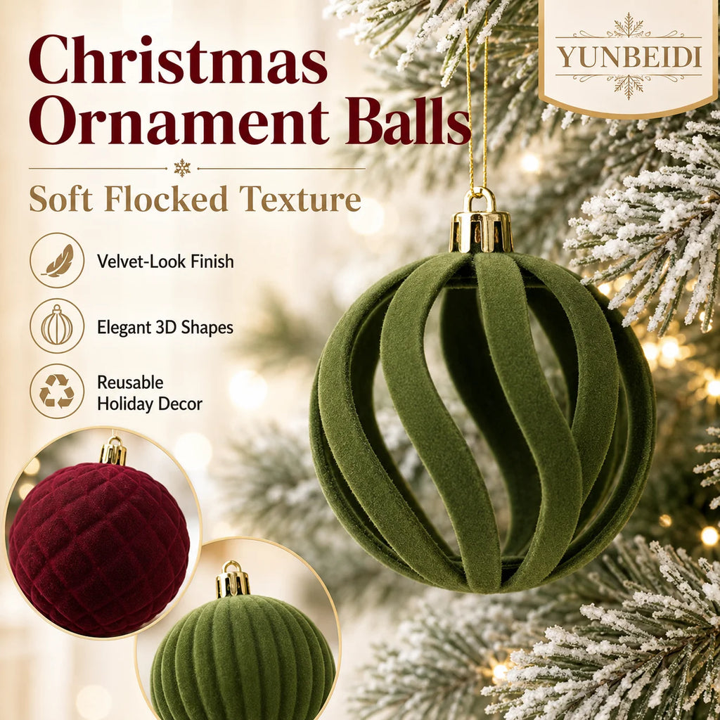 Conjunto de Bolas de Natal de Veludo 48 Peças, Enfeites Plásticos Flocados para Decoração de Árvore de Natal DIY, Decoração Suspensa para Festas e Casa