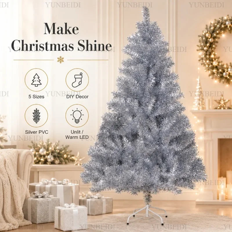 Árvore de Natal Artificial Prateada em PVC 120-240cm de Alta Qualidade com Luzes LED Quentes, Decoração para Festa de Natal em Casa