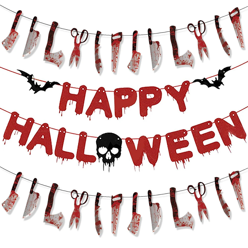 Decoração de festa de halloween feliz dia das bruxas banner sangrento açougueiro faca assassino ferramentas guirlanda de papel para horror decoração de casa assombrada