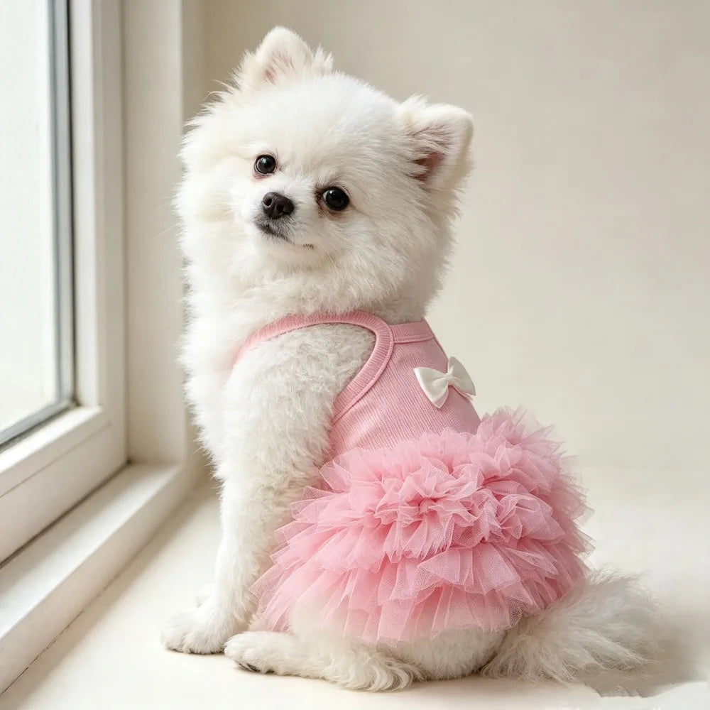 1PC Vestido Tutu Rosa Fofo para Cães com Laço, Saia de Tule Respirável para Animais de Estimação, para Cães e Gatos Pequenos