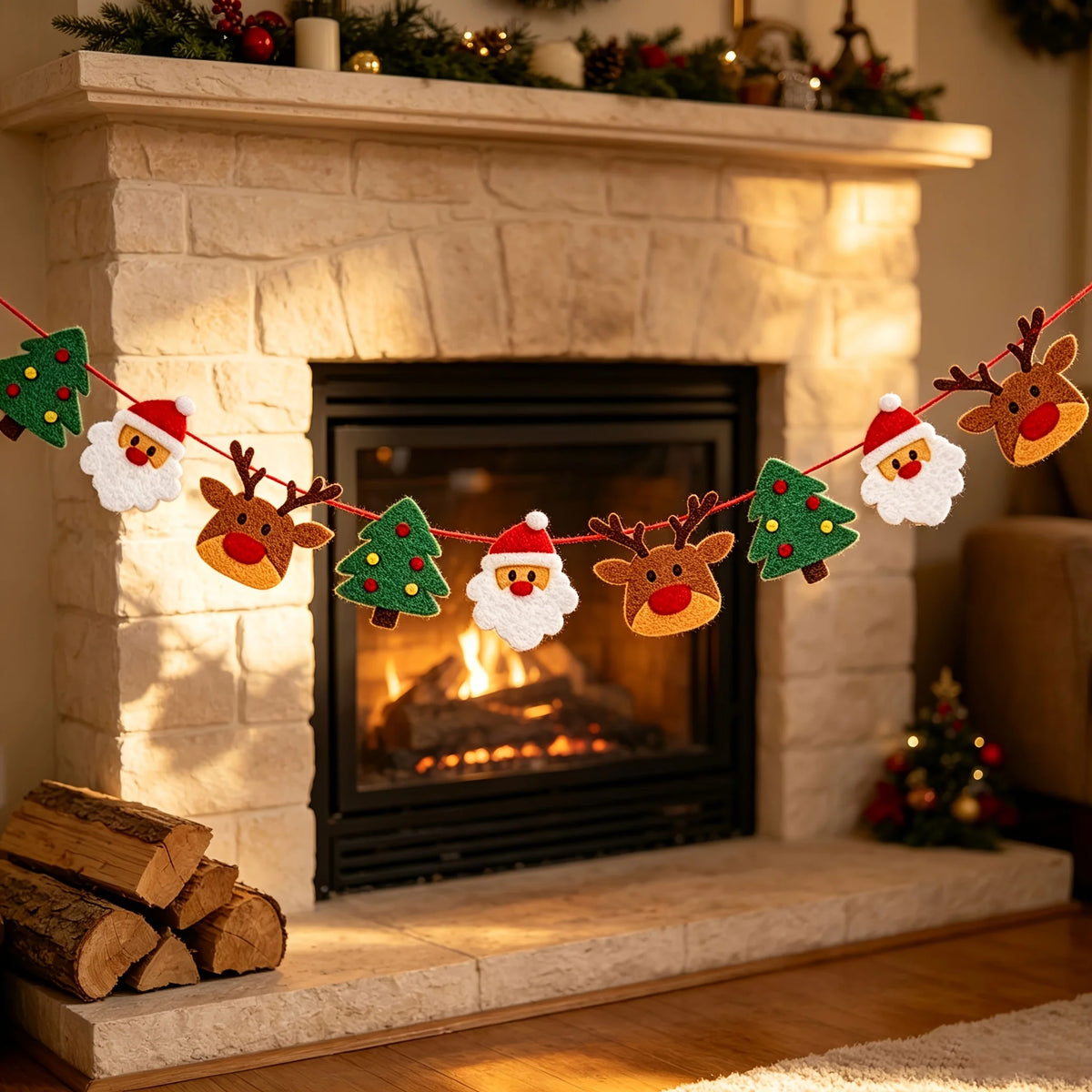 Guirlanda de feltro com tema natalino, incluindo renas, Papai Noel e enfeites de árvore de Natal, para pendurar em festas de inverno e celebrações natalinas.