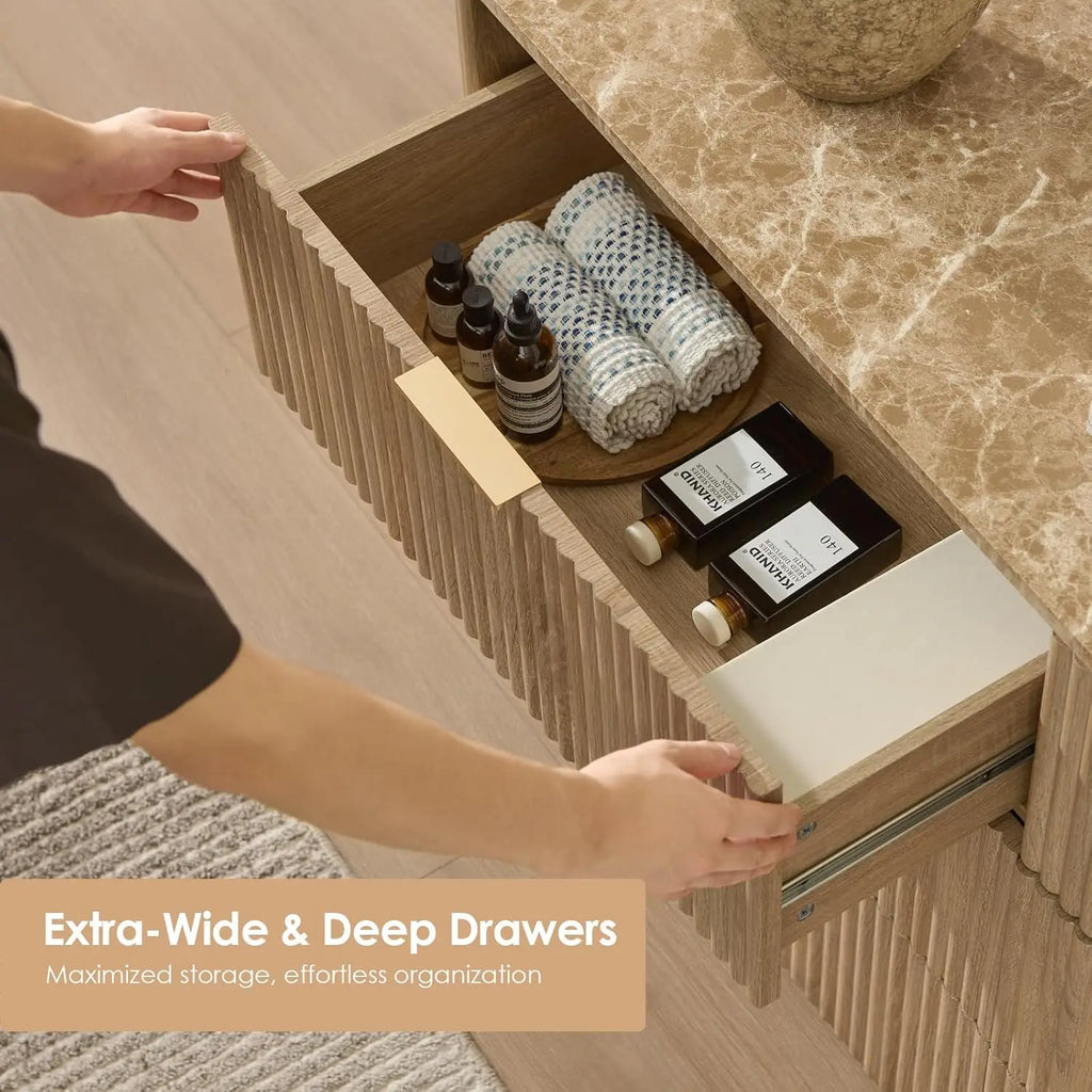 Cômoda com 9 Gavetas para Quarto, 63 Polegadas de Largura, Cômoda Moderna com Topo de Mármore Falso, Design com Cantos Arredondados, Personalizada