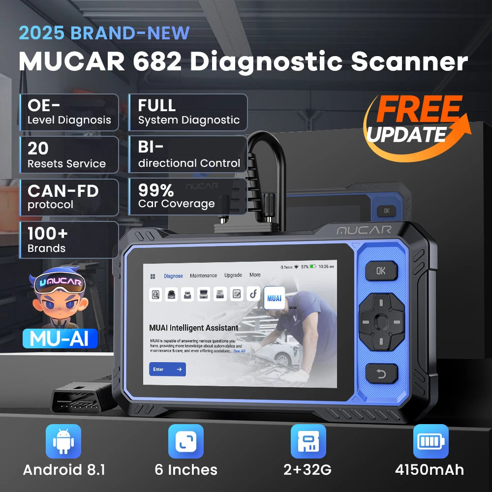 MUCAR 682 Ferramenta de Diagnóstico Automotivo Assistida por IA CANFD Codificação Bidirecional de ECU 20 Funções de Redefinição Diagnóstico Completo do Sistema Scanner OBD2 Vitalício Grátis