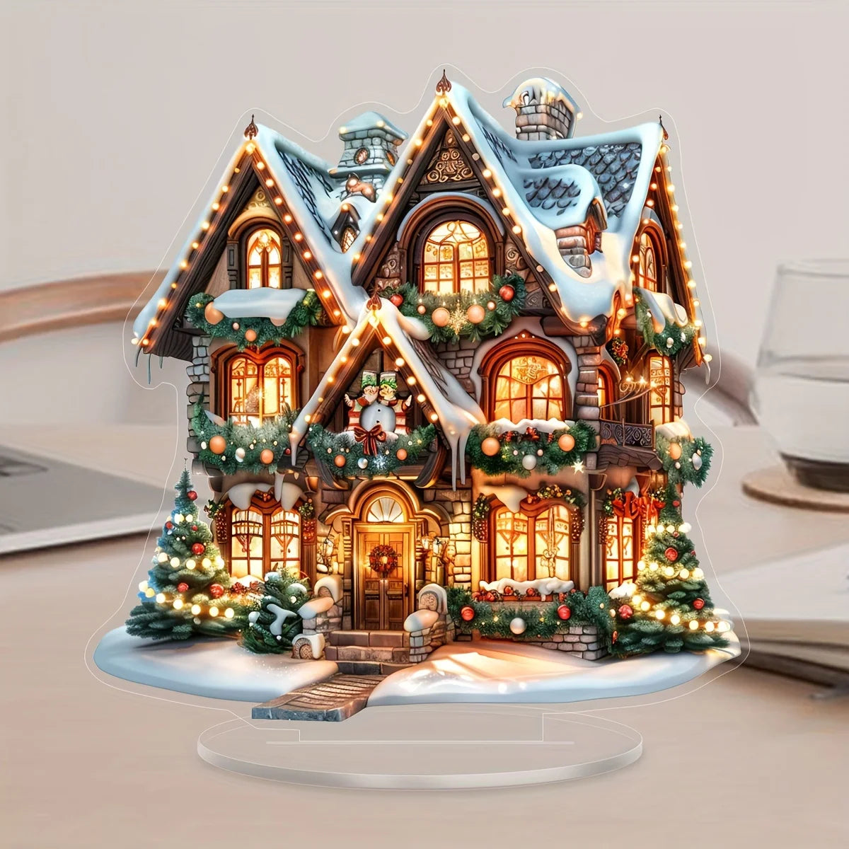 Natal 2d acrílico castelo neve casa de madeira pendurado pingente decoração de natal para casa festa de natal presente de ano novo navidad