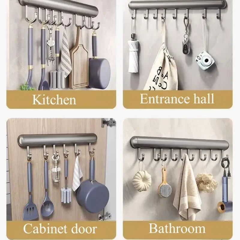Suporte de gancho de cozinha, haste de suspensão sem perfuração, rack de armazenamento de parede, espátula, colher, espaço removível, cabides de gancho de alumínio
