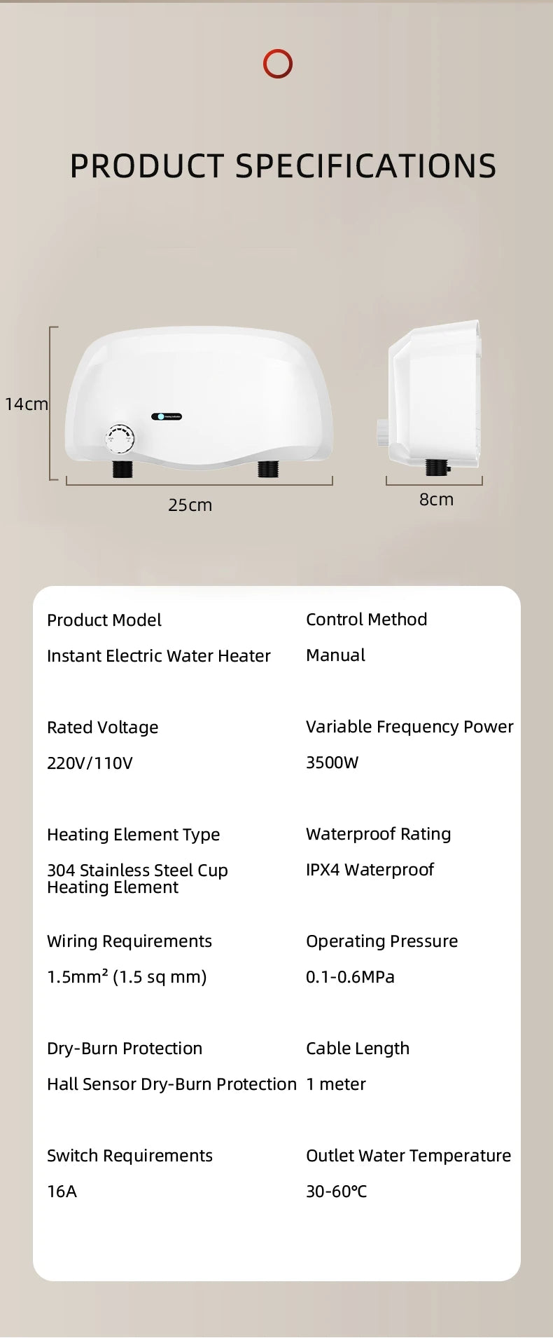 Aquecedor de água instantâneo 3500W, saída dupla de água quente/fria, aquecedores elétricos de água, chuveiro de banheiro com display de temperatura 220V
