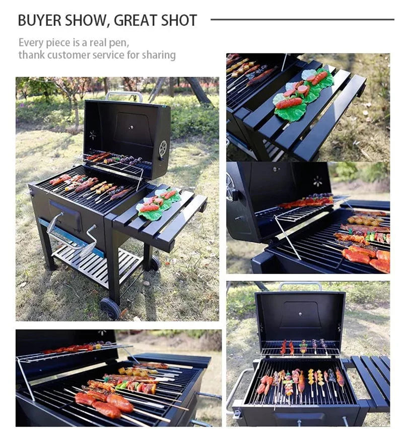 Grelha a carvão para churrasco portátil ao ar livre, churrasqueira de jardim com tampa, mesa dobrável, prateleira inferior e termômetro