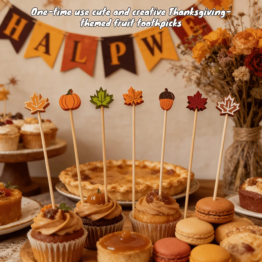 Decorações de frutas para festa de Halloween, abóbora, folha de bordo, palitos de bambu em formato de bolota, coquetéis, saladas, sobremesas, bandeiras