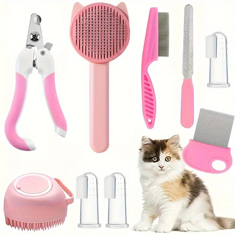 Kit de Beleza para Gatos com 8 Peças: Escova, Cortador de Unhas e Lixas, Kit de Higiene para Animais de Estimação, Pente Antipulgas