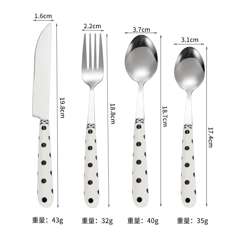 Conjunto de Talheres Retrô Coreano de Aço Inoxidável com Pontos, 4 Peças, Garfo de Bife e Colher de Manteiga, Conjunto de Talheres Domésticos para Jantar
