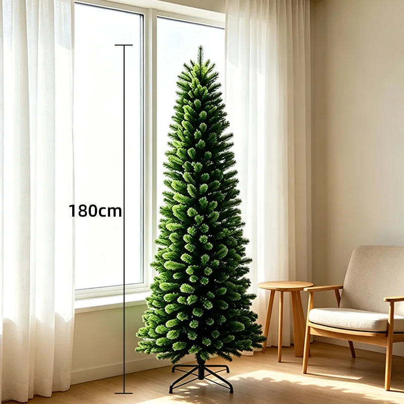 Árvore de Natal artificial, de formato alongado, cor verde-pinho, para decoração de festas e eventos familiares em ambientes fechados.