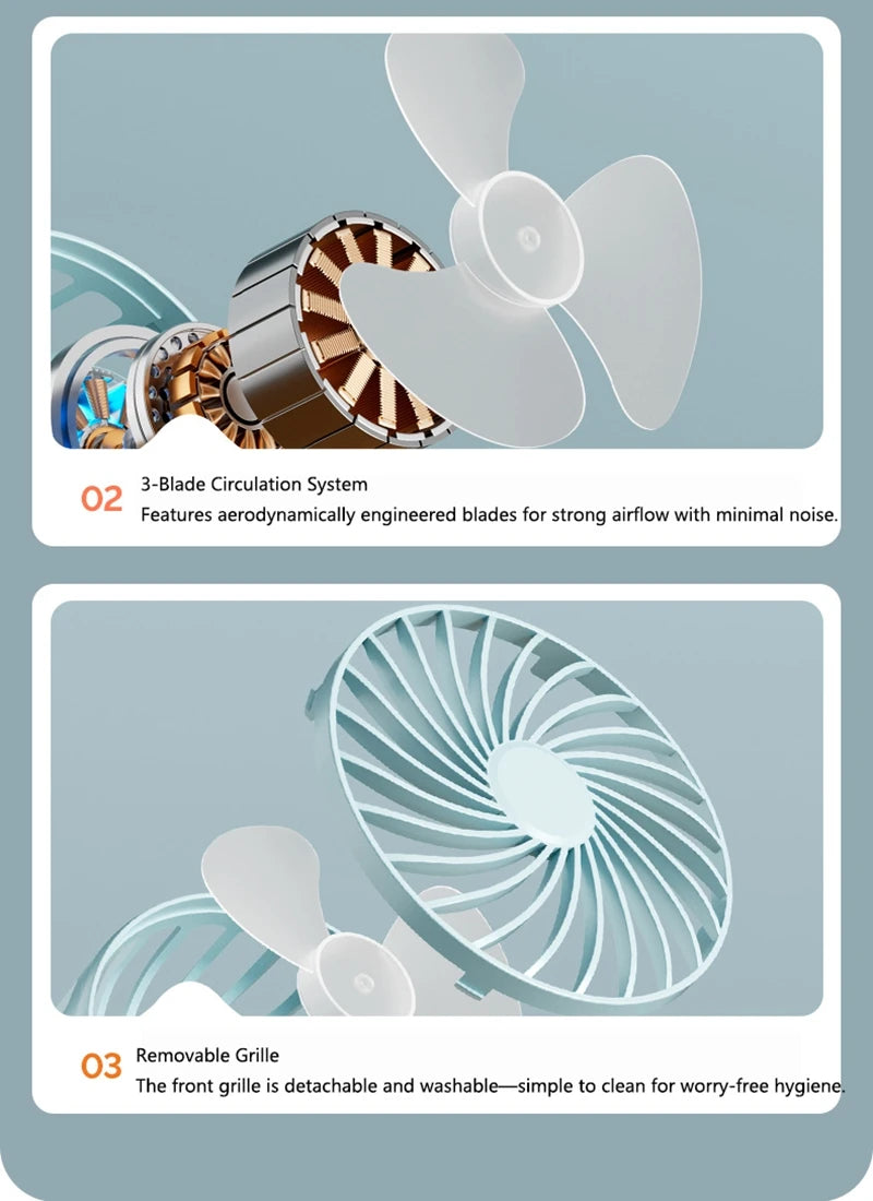 Mini Ventilador Portátil 720 ° Ventilador Portátil Recarregável USB com Lâmpada Noturna Integrada e Rotação, Fluxo de Ar Potente para Viagens, Camping e Atividades ao Ar Livre