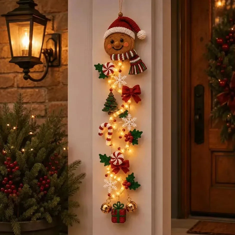 Decoração de Natal, enfeite de porta de Natal com luzes LED, Papai Noel de crochê feito à mão, enfeite de árvore de Natal, sino, decoração para casa, parede, porta, decoração de Ano Novo.