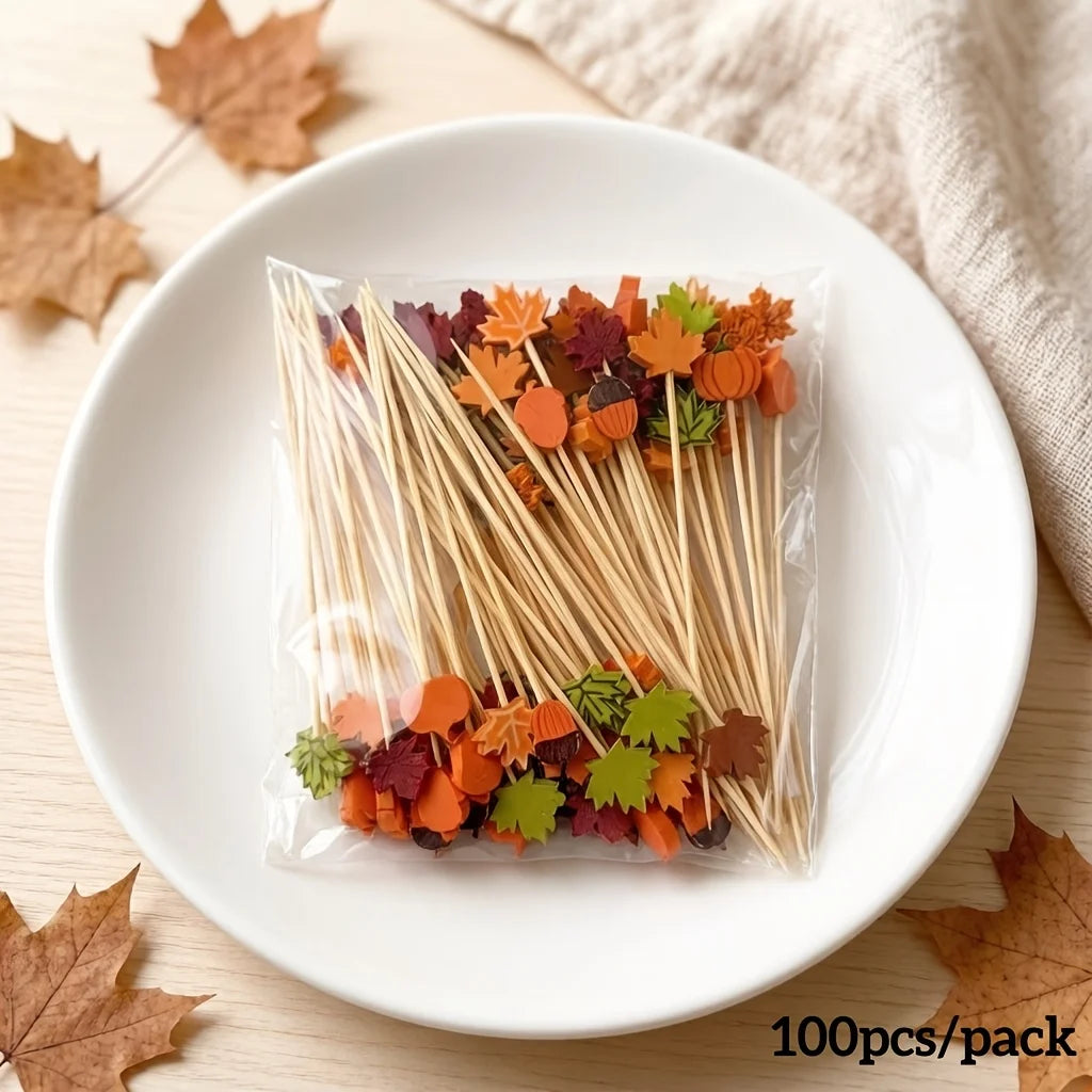 Decorações de frutas para festa de Halloween, abóbora, folha de bordo, palitos de bambu em formato de bolota, coquetéis, saladas, sobremesas, bandeiras