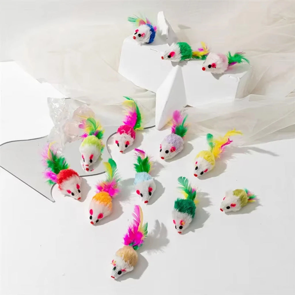Brinquedos interativos para gatos, mouse falso de lã macia e fofa, pena colorida, brinquedo de treinamento engraçado para gatos, gatinho, suprimentos