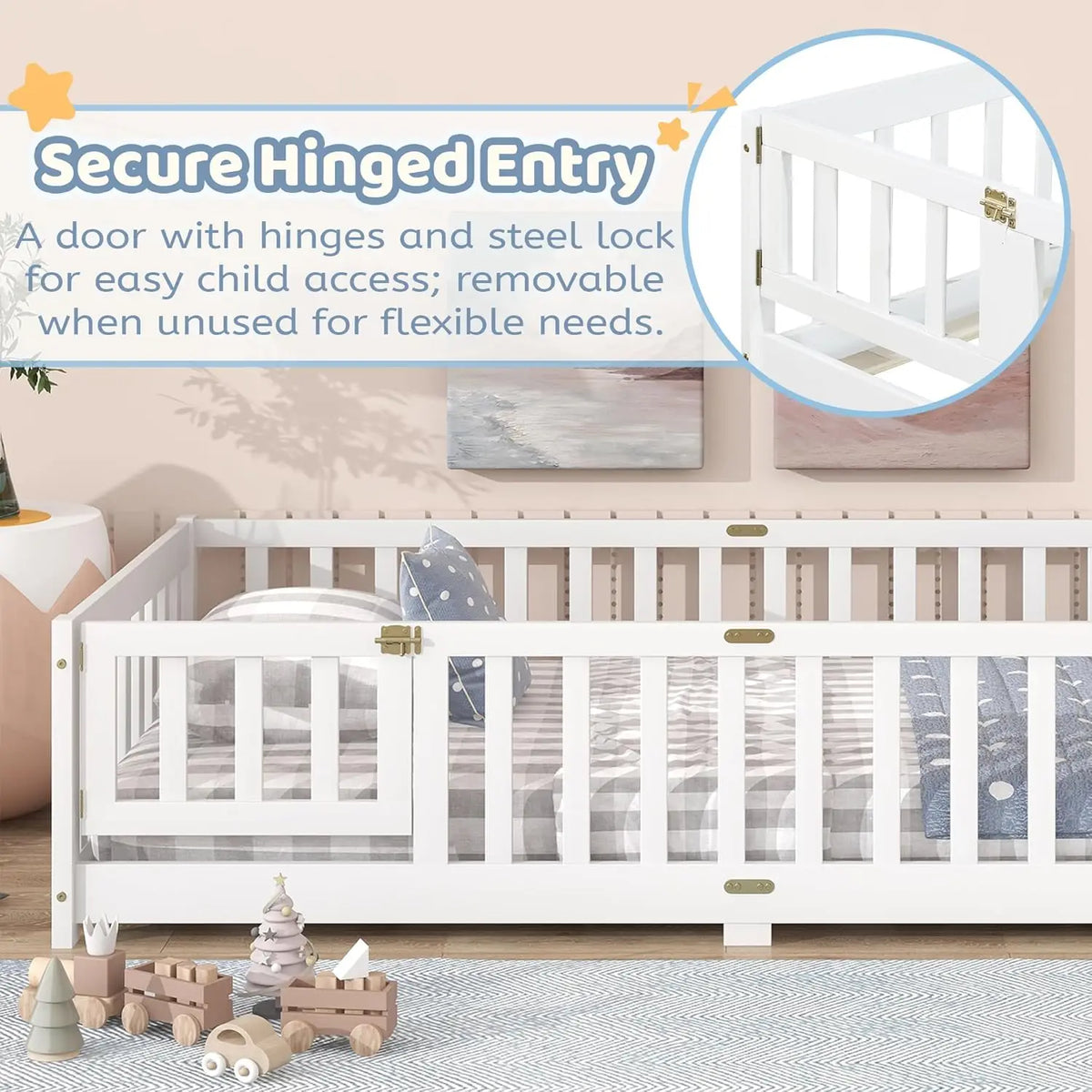 Cama de chão de tamanho duplo com ripas e porta, estrutura de cama de chão Montessori com trilhos altos, camas infantis de madeira dupla com cerca, sem caixa de mola