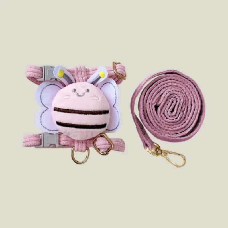 Conjunto de Coleira e Guia para Gatos e Cães, Ajustável, com Estampa de Abelha em Desenho Animado, Coleira Dupla Camada para Animais de Estimação Pequenos e Médios, para Passeios ao Ar Livre