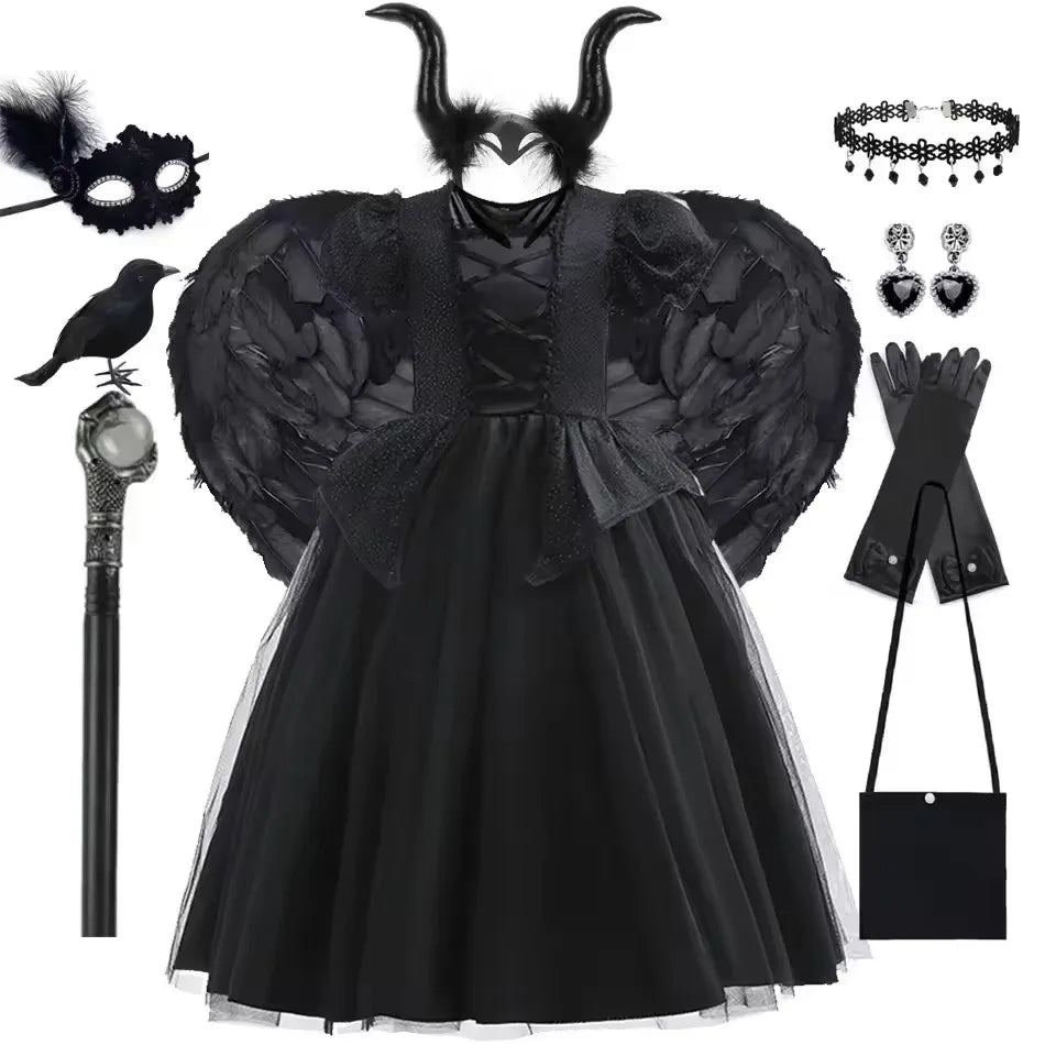 Traje de halloween para crianças vestido de bruxa preta com asas lantejoulas mal rpg traje malévola vestir-se roupa fantasma noiva