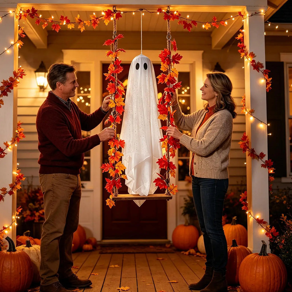 Decoração de Varanda para Halloween: Fantasma Balançante Brilhante com Chapéu de Bruxa e Luz para Pendurar no Jardim