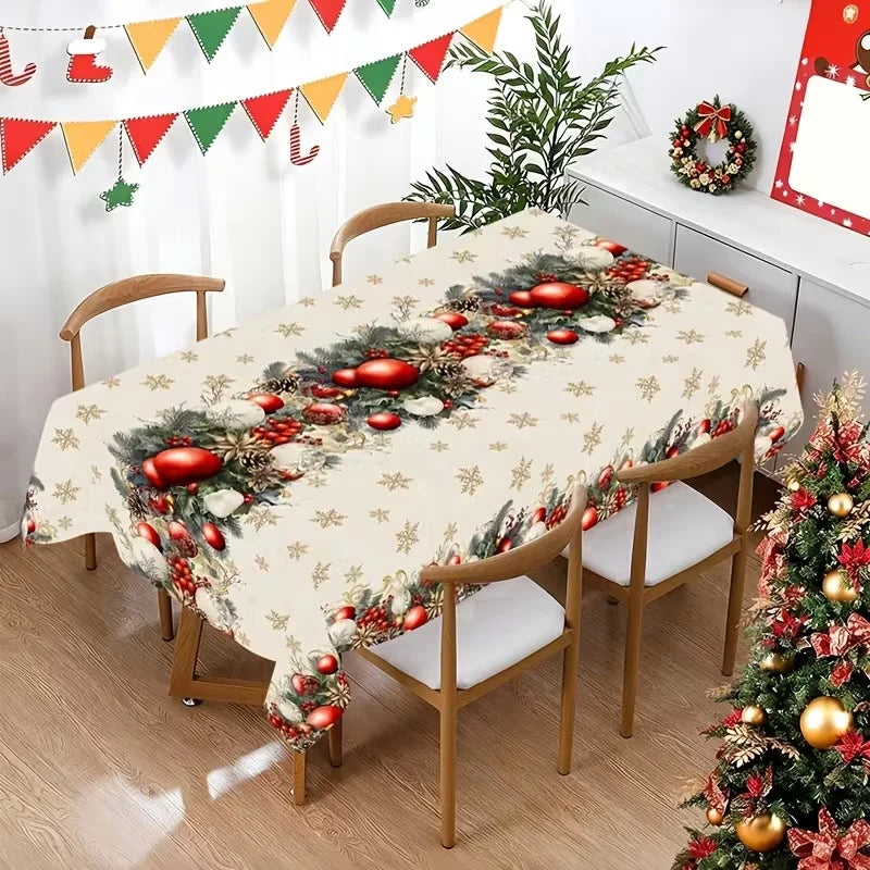 Toalha de Mesa de Natal: Decoração Clássica de Inverno com Estampa de Papai Noel, Floco de Neve e Pinhas – Suprimentos para Cenário Festivo
