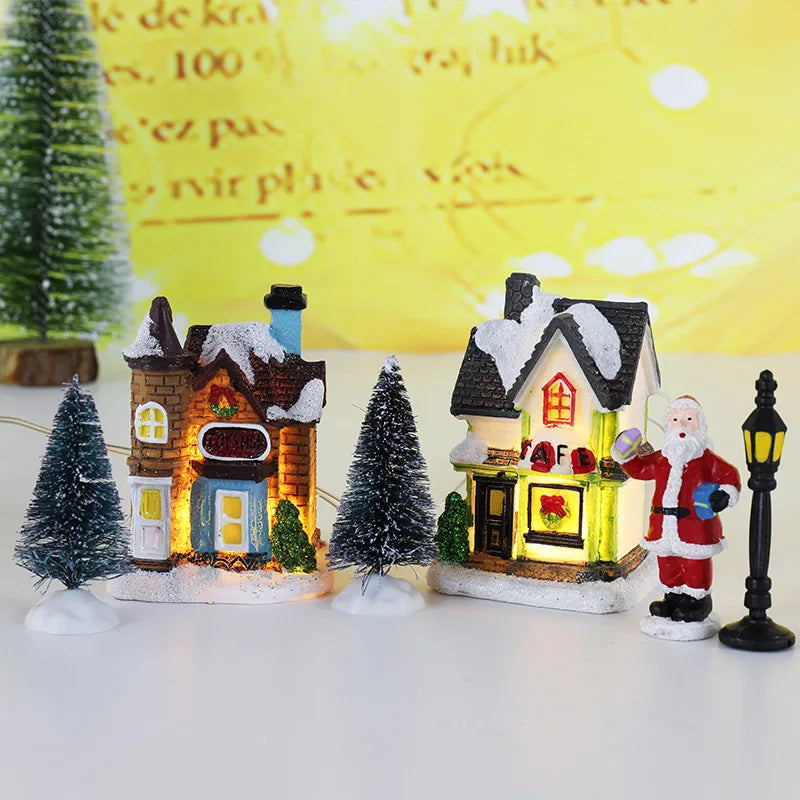 Enfeite de casa em miniatura de resina para o Natal, decoração de mesa com tema de aldeia natalina, casa em miniatura, cena em miniatura, decoração para festas de fim de ano.