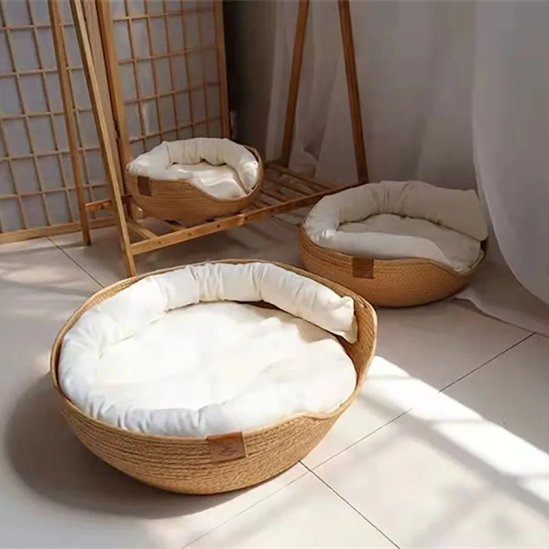 Cama para animais de estimação, canil macio para gatos, sofá, tecelagem de bambu, quatro estações, cestas de ninho aconchegantes, à prova d'água, almofada removível, saco de dormir