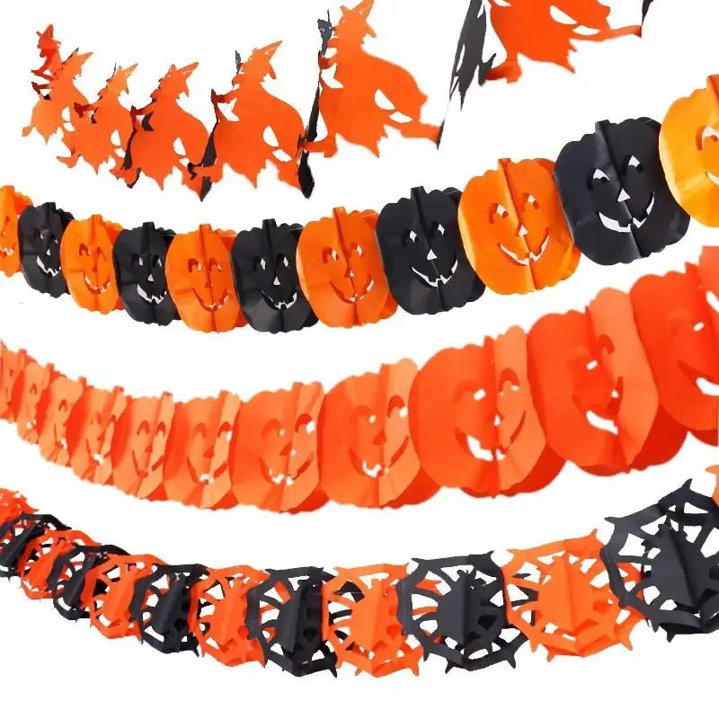 Guirlanda de Papel com Morcegos, Abóboras, Fantasmas e Aranhas para Decoração de Parede em Festas de Halloween em Casa